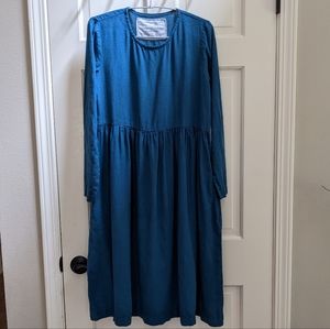Not Perfect Linen teal blue long sleeve dress, S